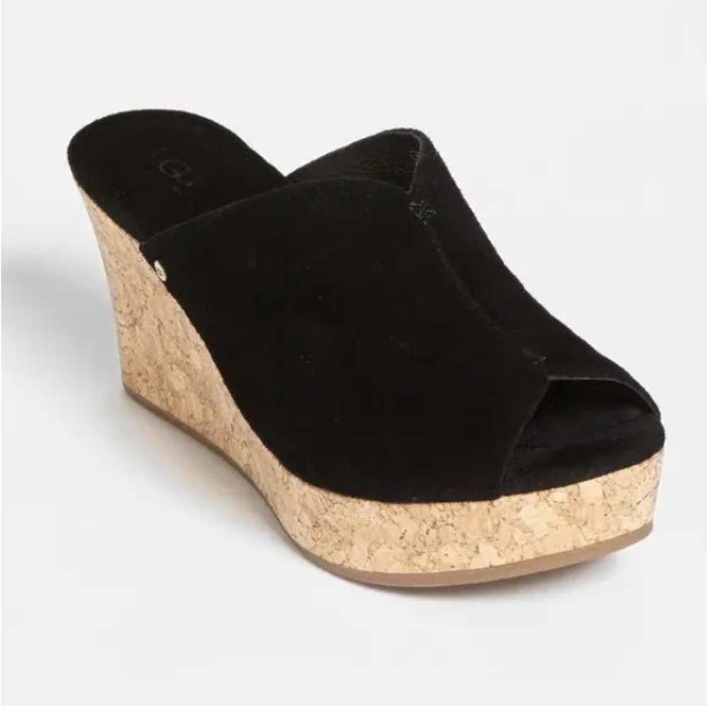UGG Women's Black Genuine Suede "Dominique" Cork Wedge Sandals (Size US 9)